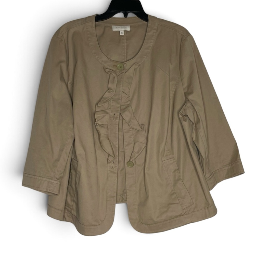 Talbots khaki tan lightweight jacket ruffle front 3/4 sleeves Size 18W pockets